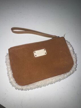 BearPaw Brown Suede Wristlet Clutch with Cream Sherpa Trim